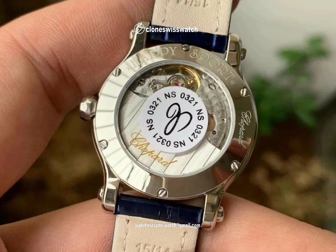 Happy Sport 36mm SS OXF 1:1 Best Edition Diamonds Bezel Blue Dial on Blue Leather Strap A2892 back Happy Sport 36mm SS OXF 1:1 Best Edition Diamonds Bezel Blue Dial on Blue Leather Strap A2892 back