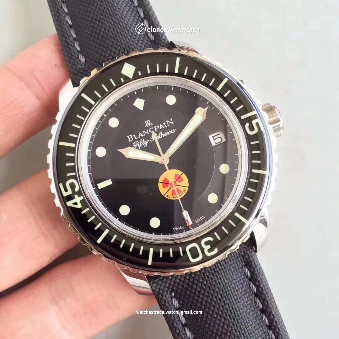 Fifty Fathoms SS "No Radiation" ZF 1:1 Limited Edition Black Dial on Sail-canvas Strap A2836 back Fifty Fathoms SS "No Radiation" ZF 1:1 Limited Edition Black Dial on Sail-canvas Strap A2836 back