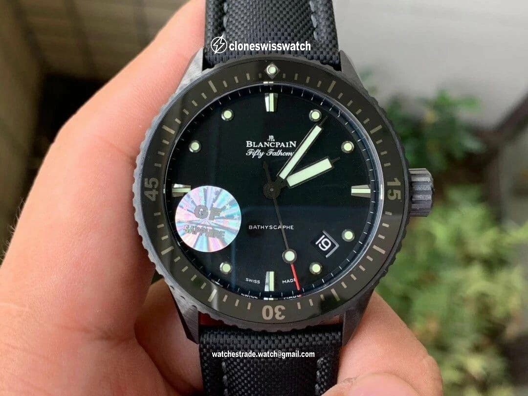 Fifty Fathoms Bathyscaphe Black Ceramic GF 1:1 Best Edition Black Dial on Black Sail-Canvas Strap A1315 back Fifty Fathoms Bathyscaphe Black Ceramic GF 1:1 Best Edition Black Dial on Black Sail-Canvas Strap A1315 back