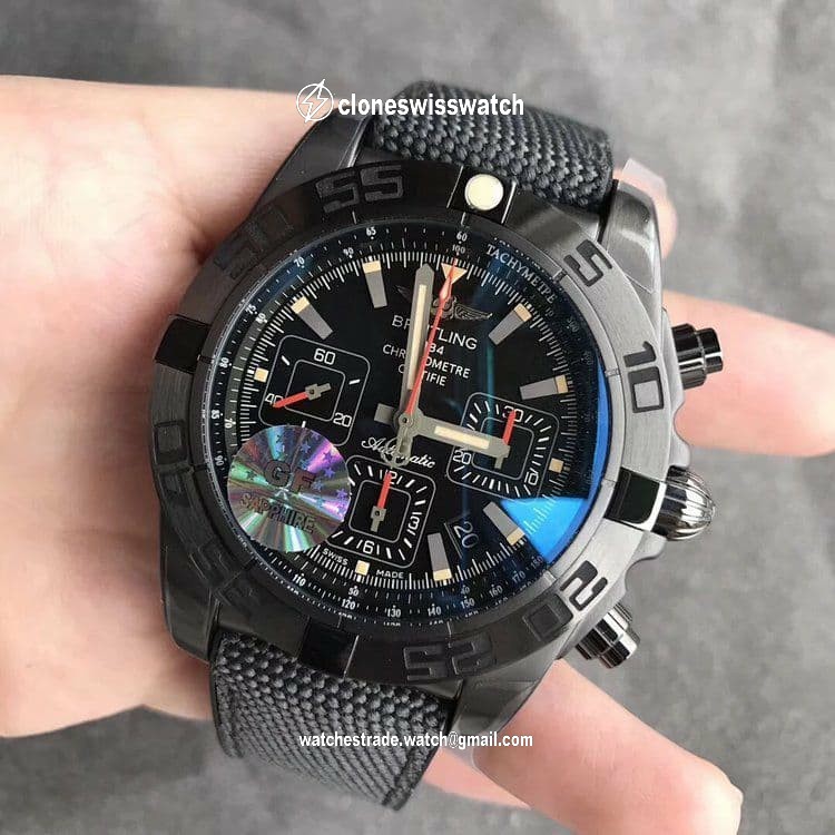 Chronomat 44mm Blacksteel GF 1:1 Special Edition Black Dial on Black Rubber Strap A7750 back Chronomat 44mm Blacksteel GF 1:1 Special Edition Black Dial on Black Rubber Strap A7750 back