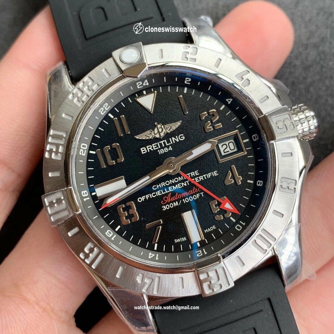 Avenger GMT SS GF 1:1 Best Edition Black Dial Roman Markers on Black rubber Strap A2836 V2 back Avenger GMT SS GF 1:1 Best Edition Black Dial Roman Markers on Black rubber Strap A2836 V2 back