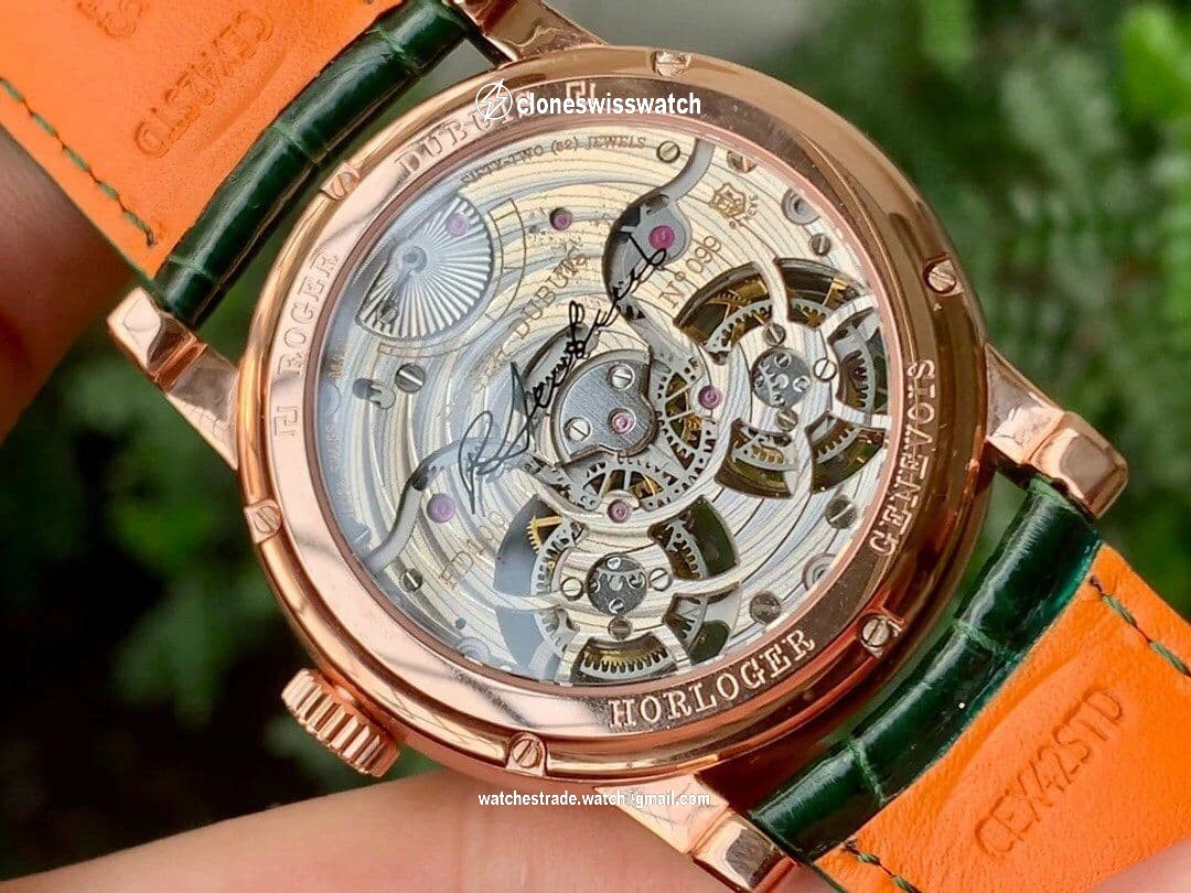HOMMAGE DOUBLE FLYING TOURBILLON RG JBF GOLD DIAL ON GREEN CROCO LEATHER STRAP back HOMMAGE DOUBLE FLYING TOURBILLON RG JBF GOLD DIAL ON GREEN CROCO LEATHER STRAP back