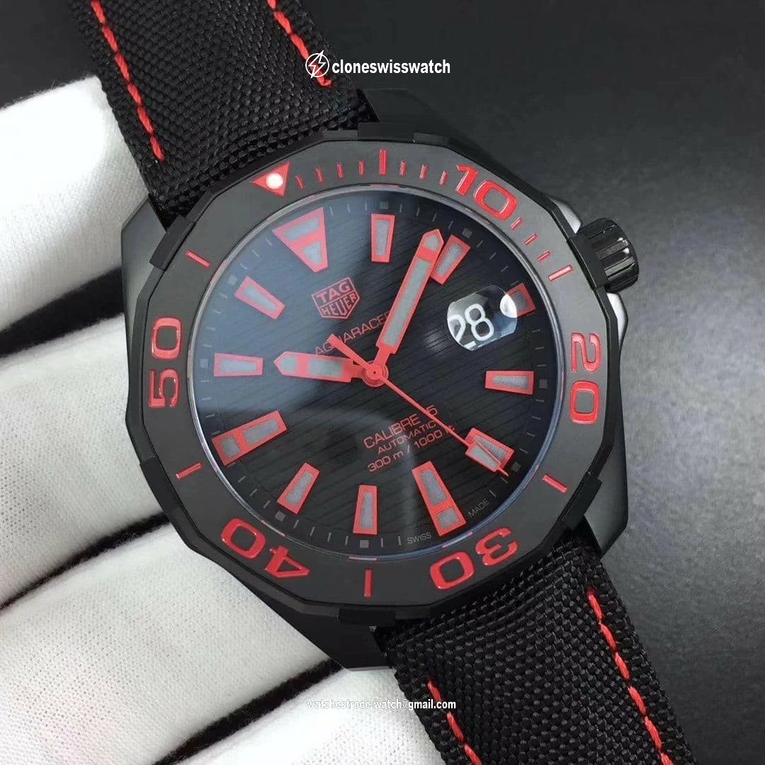 Aquaracer Calibre 5 PVD 43mm V6F 1:1 Best Edition Black/Red Dial on Brown Nylon Strap A2824 back Aquaracer Calibre 5 PVD 43mm V6F 1:1 Best Edition Black/Red Dial on Brown Nylon Strap A2824 back