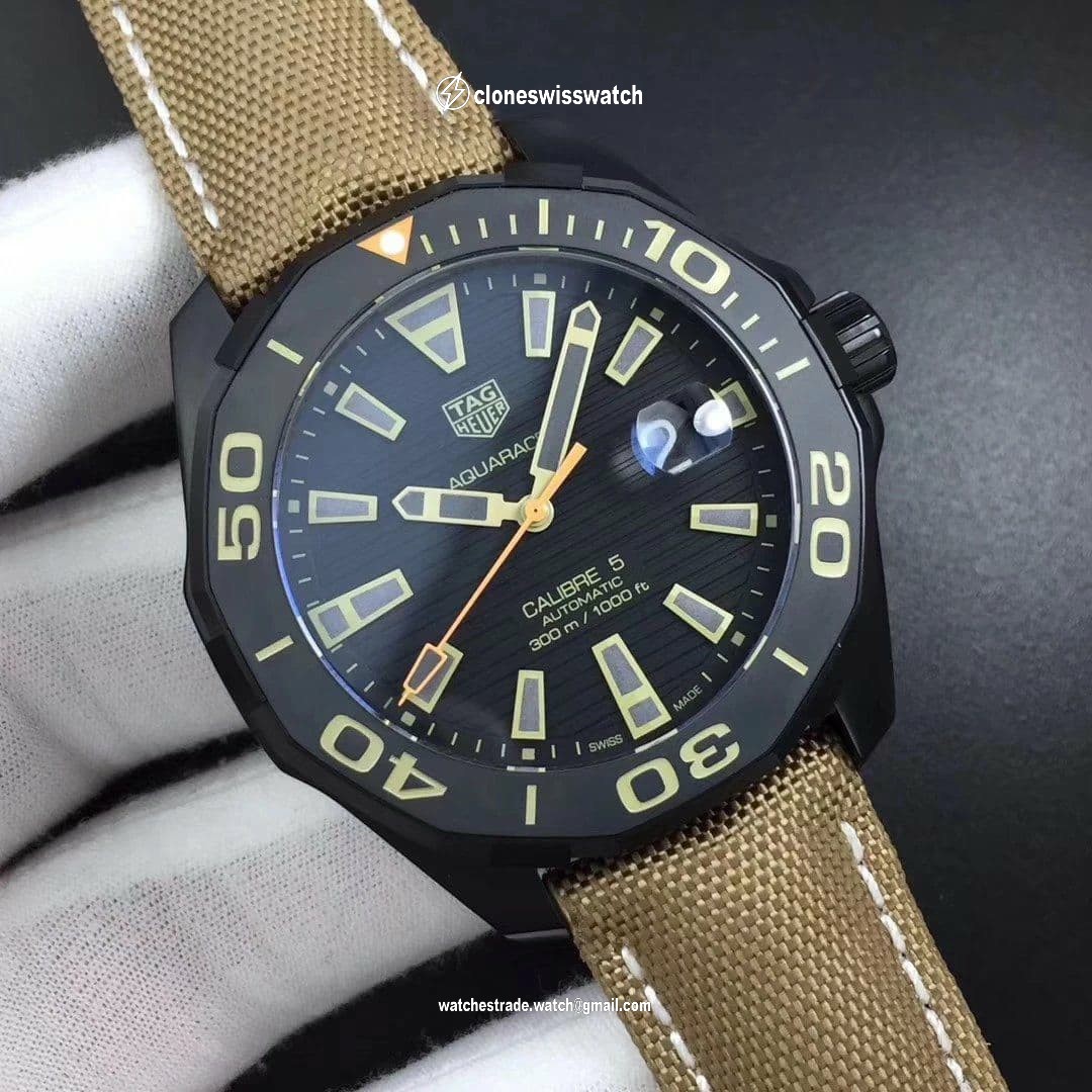 Aquaracer Calibre 5 PVD 43mm OXF 1:1 Best Edition Ceramic Bezel Black Dial on Brown Nylon Strap SW200 back Aquaracer Calibre 5 PVD 43mm OXF 1:1 Best Edition Ceramic Bezel Black Dial on Brown Nylon Strap SW200 back