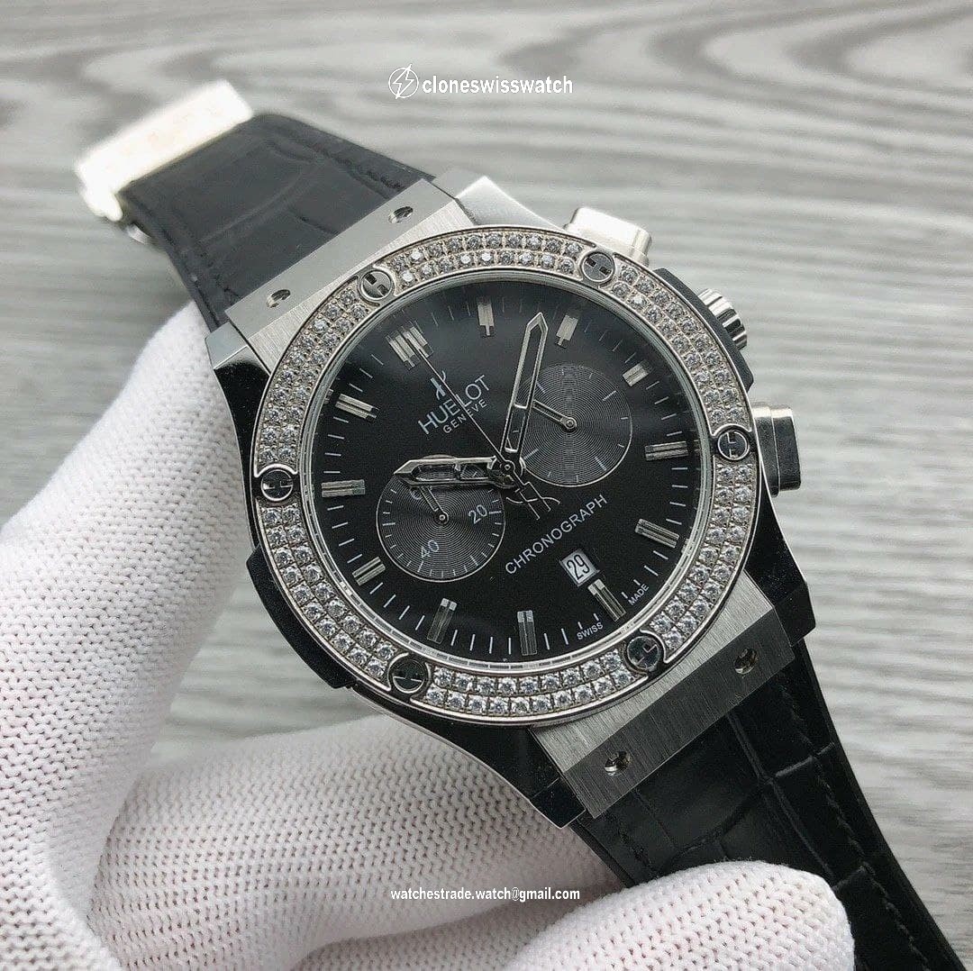 Hublot Black Diamond Chrono on Black Leather Strap back Hublot Black Diamond Chrono on Black Leather Strap back