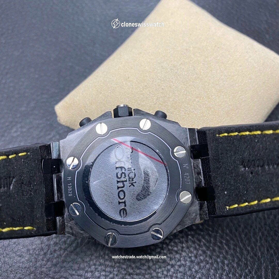 Royal Oak Offshore Bumble Bee Forged Carbon 1:1 JF Best Edition on Leather Strap A7750 V2 w/ Cyclops and DW Mod back Royal Oak Offshore Bumble Bee Forged Carbon 1:1 JF Best Edition on Leather Strap A7750 V2 w/ Cyclops and DW Mod back
