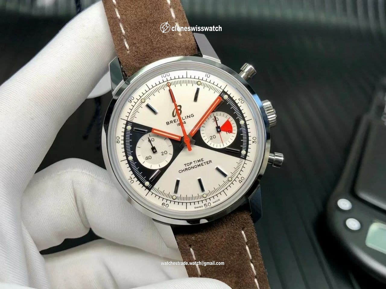 Top Time Chrono SS GF 1:1 Best Edition White Dial on Brown Leather Strap back Top Time Chrono SS GF 1:1 Best Edition White Dial on Brown Leather Strap back