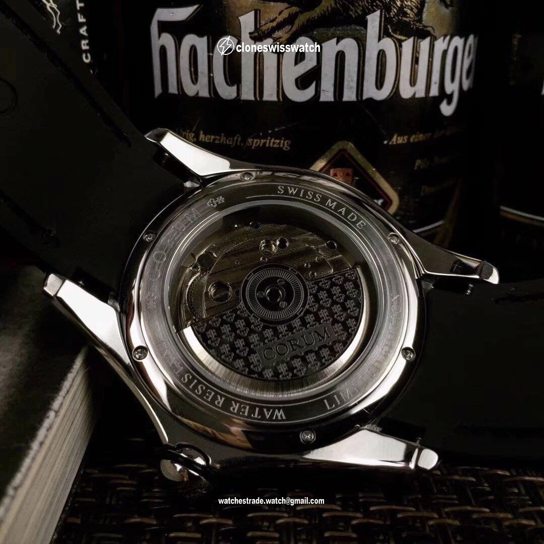 Corum Babble Case Silver Skull on Black Leather Strap back Corum Babble Case Silver Skull on Black Leather Strap back