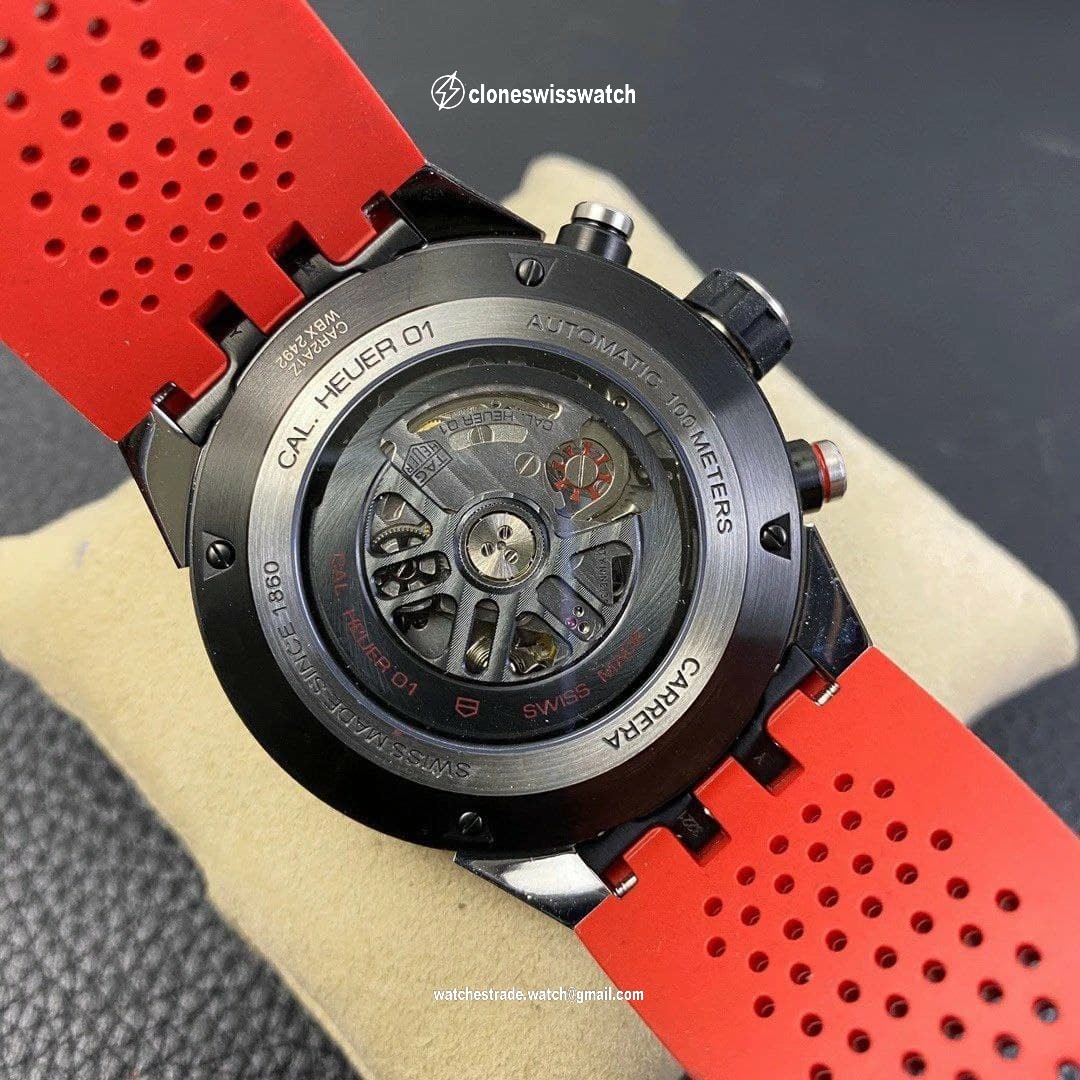 Calibre Heuer 01 Chrono SS/PVD XF 1:1 Best Edition Skeleton Dial Red Hand on Red Rubber Strap back Calibre Heuer 01 Chrono SS/PVD XF 1:1 Best Edition Skeleton Dial Red Hand on Red Rubber Strap back