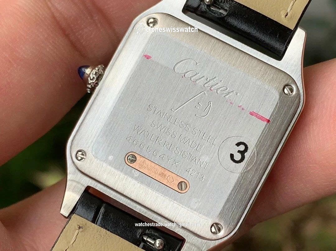 Santos 27.5mm SS/RG XF 1:1 Best Edition Silver Dial on Black Croco Strap Ronda Quartz back Santos 27.5mm SS/RG XF 1:1 Best Edition Silver Dial on Black Croco Strap Ronda Quartz back