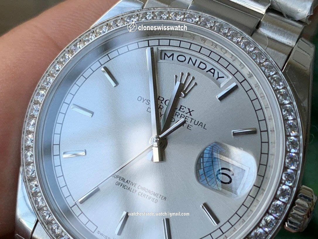 Rolex DayDate 36mm Dia Pres SS/SS Silv Wht Stk 1:1 Best Edition Version back Rolex DayDate 36mm Dia Pres SS/SS Silv Wht Stk 1:1 Best Edition Version back