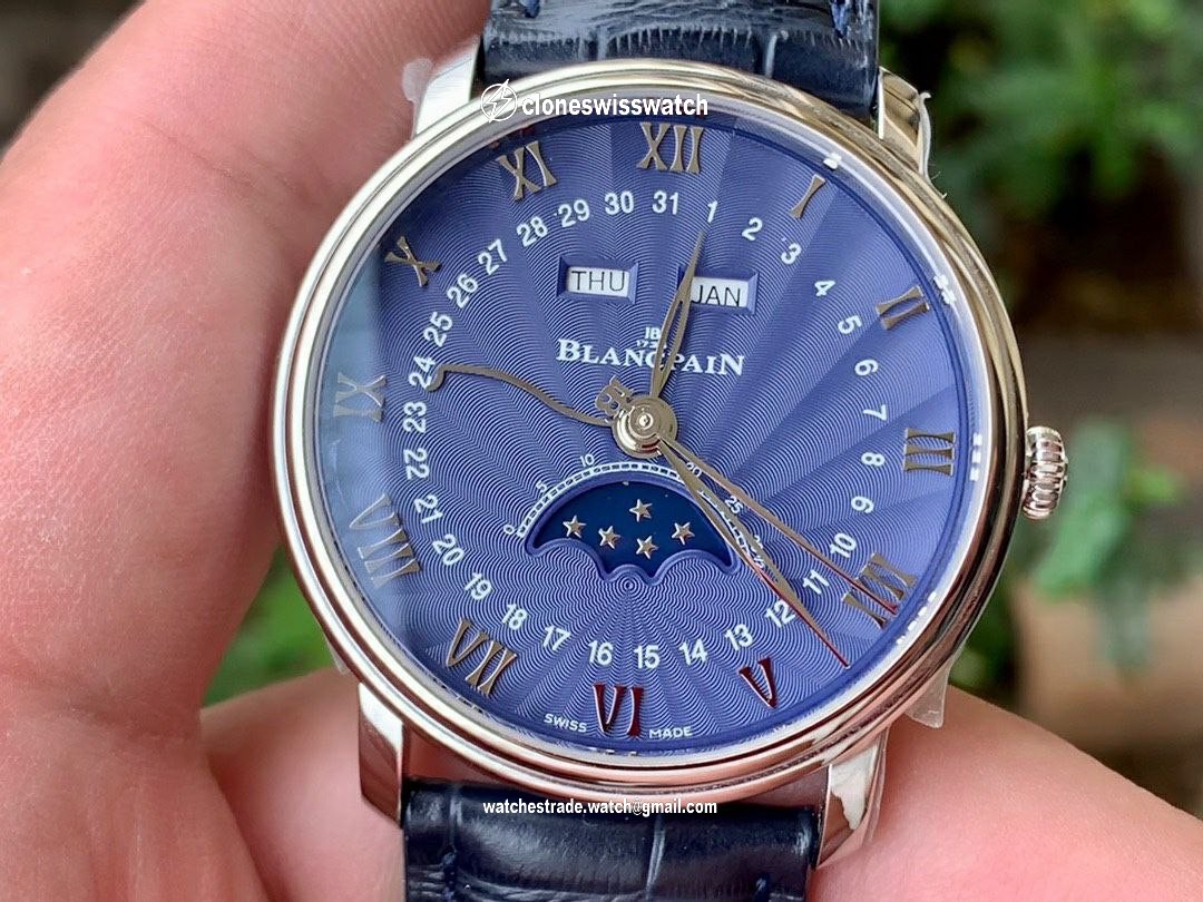 VILLERET 6654 SS COMPLICATED FUNCTION OMF 1:1 BEST EDITION BLUE DIAL ON BLUE LEATHER STRAP A6654 V2