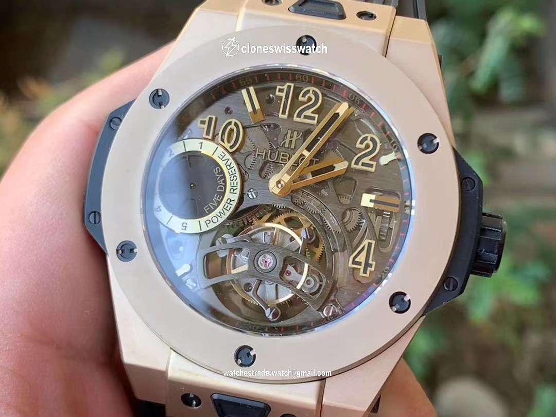 BIG BANG TOURBILLON KING 45MM YG MJF BEST EDITION SKELETON DIAL ON BLACK RUBBER STRAP