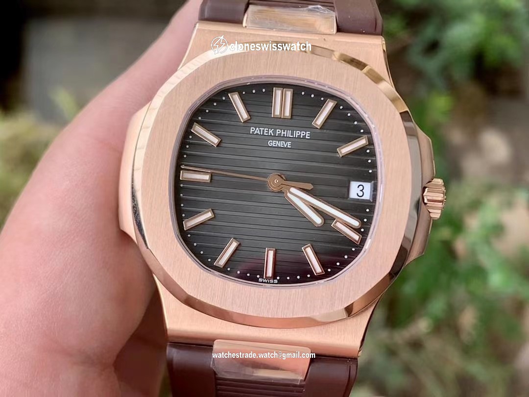 NAUTILUS 5711 RG GRF 1:1 BEST EDITION GRAY TEXTURED DIAL ON BROWN LEATHER STRAP 324CS