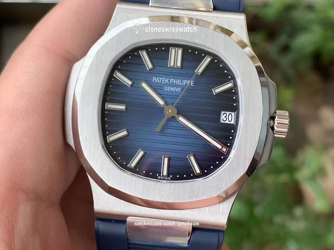 NAUTILUS 5711 RG GRF 1:1 BEST EDITION BLUE TEXTURED DIAL ON BLACK LEATHER STRAP 324CS