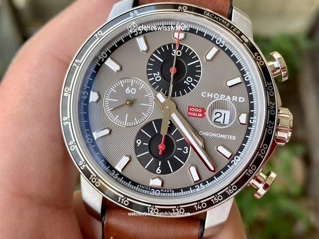 MILLE MIGLIA 168571 SS/RG V7F 1:1 BEST EDITION GRAY DIAL ON BROWN GUMMY STRAP A7750