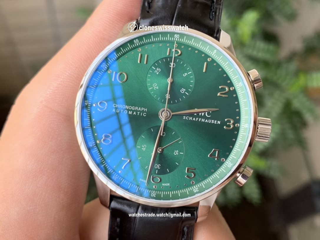 PORTUGIESER CHRONOGRAPH IW371615 YLF BEST EDITION GREEN DIAL ON BLACK LEATHER STRAP A7750 (SLIM MOVEMENT)