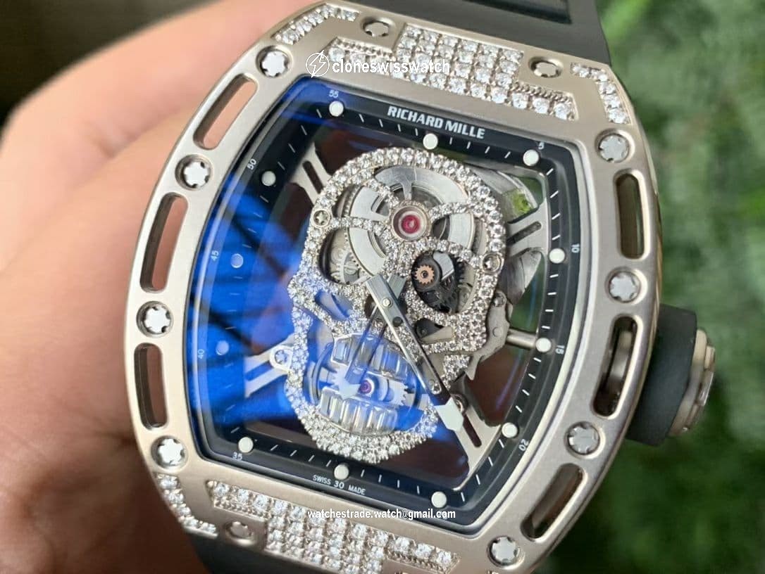 RM052 Polished SS Full Paved Diamonds Skull Dial on Black Rubber Strap MIYOTA8215