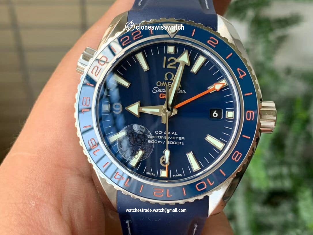 Planet Ocean 600M Co-Axial GMT 43.5mm VSF 1:1 Best Edition Blue Dial Blue Ceramic Bezel on Blue Rubber Strap A8605 Super Clone