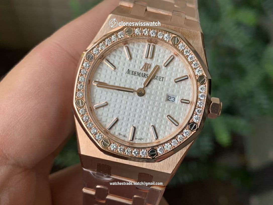 Lady Royal Oak 33mm YG JF 1:1 Best Edition Silver Dial Diamonds Bezel on YG Bracelet Swiss Quartz