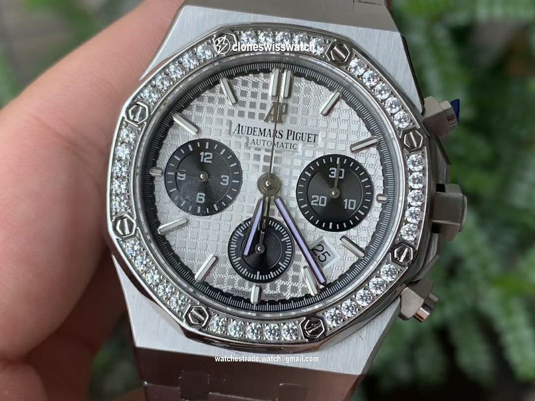 Lady Royal Oak 33mm YG JF 1:1 Best Edition Chrono Diamonds Bezel on SS Bracelet Swiss Quartz