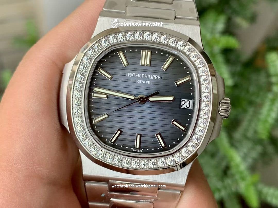 Nautilus Jumbo 5711 PF 1:1 Best Edition Blue Textured Dial Diamonds Bezel on SS Bracelet A324 Clone