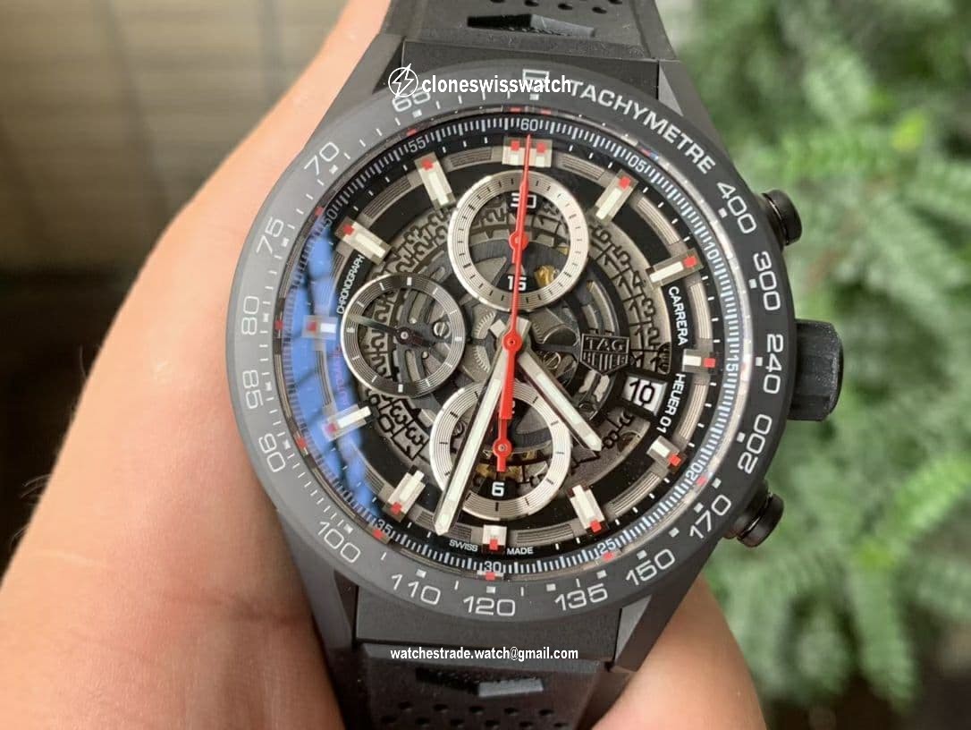 Calibre Heuer 01 Chrono 43mm Ceramic XF 1:1 Best Edition Skeleton Dial Red Hand on Black Rubber Strap A1887