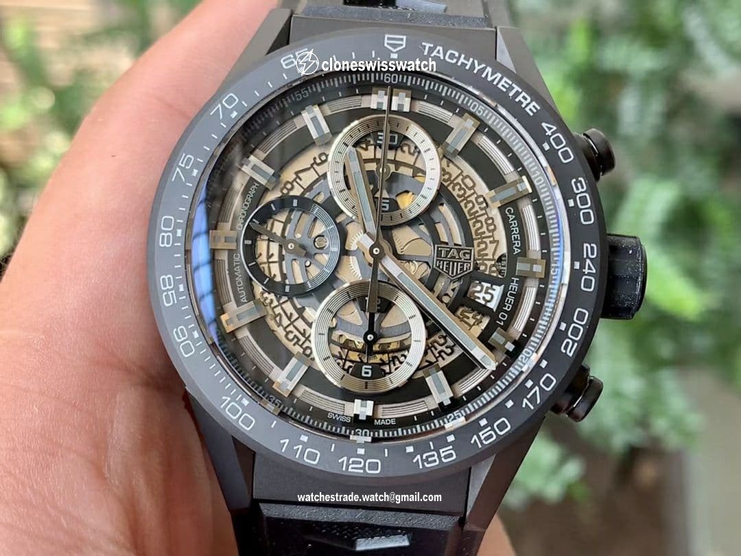 Calibre Heuer 01 Chrono 43mm Ceramic XF 1:1 Best Edition Skeleton Dial on Black Rubber Strap A1887