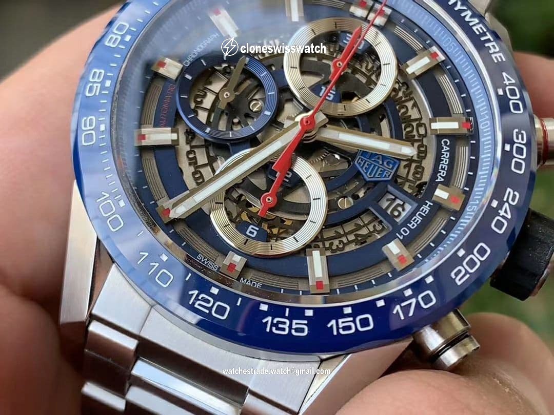 Calibre Heuer 01 Chrono 43mm Blue Ceramic SS XF 1:1 Best Edition Skeleton Dial on SS Bracelet A1887