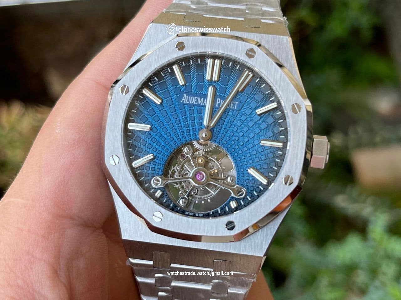Royal Oak PVD Tourbillon R8F v2 Best Edition SS Sunburst Tapisserie Blue Dial on PVD Bracelet