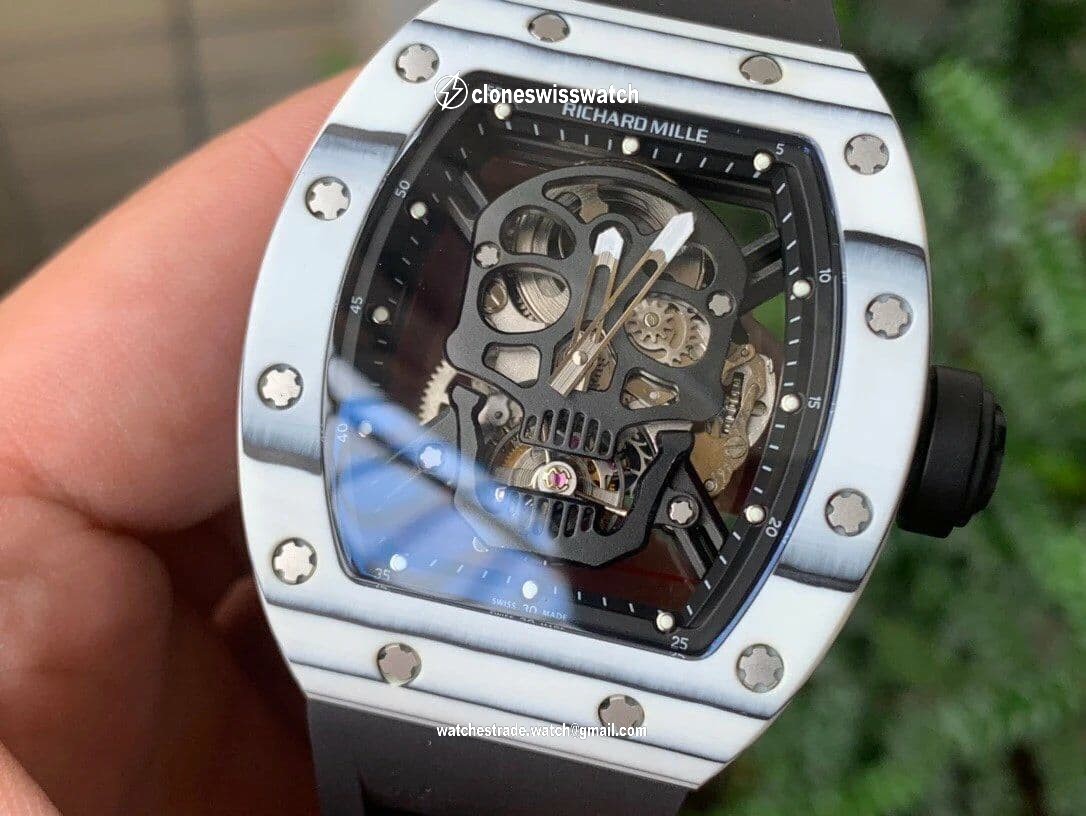 RM052-01 Tourbillon PVD White Bezel JBF Best Edition Skeleton Dial on Black Rubber Strap