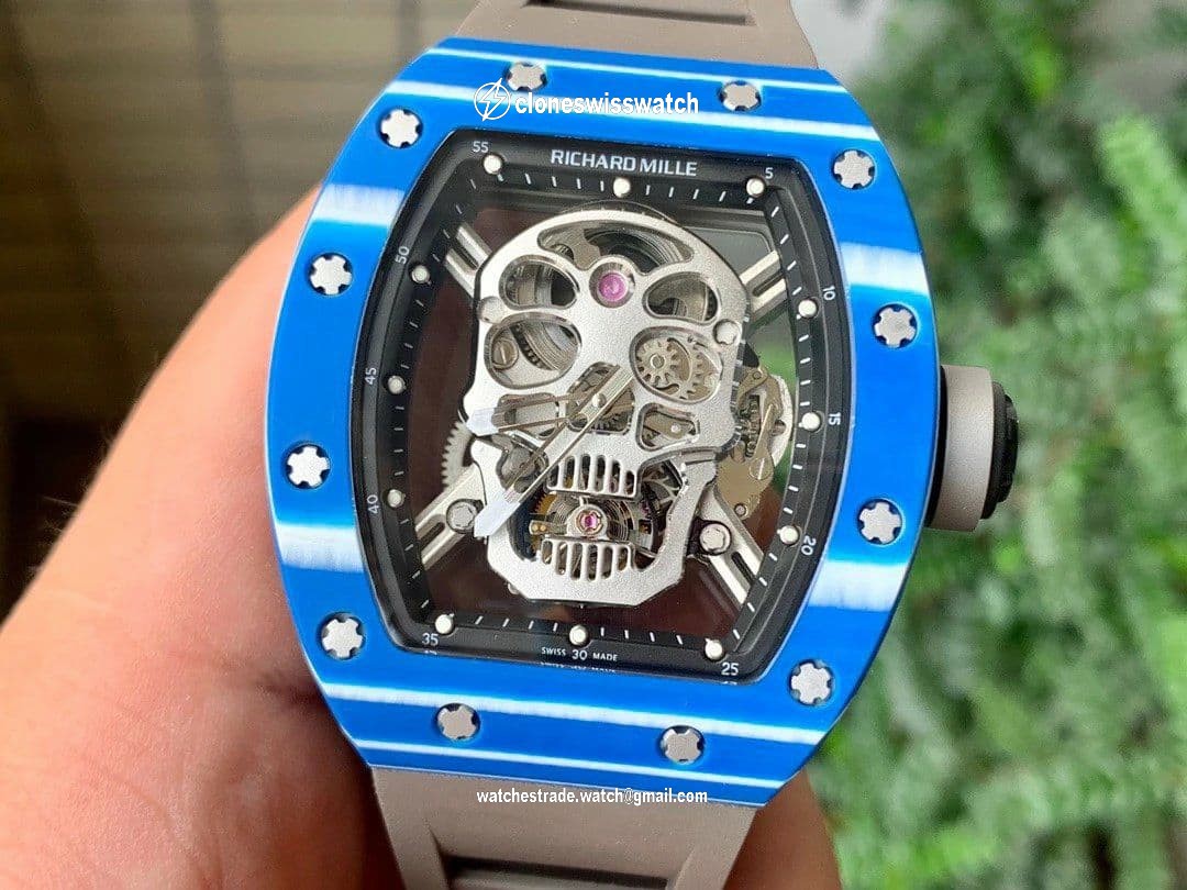 RM052-01 Tourbillon PVD Blue Bezel JBF Best Edition Skeleton Dial on Gray Rubber Strap