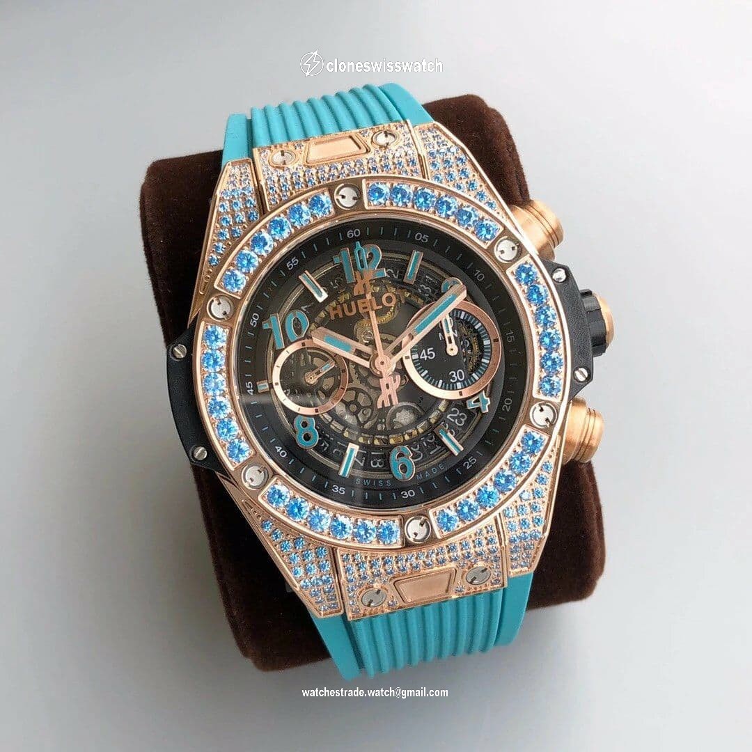 Big Bang Unico Diamond HBF 1:1 Best Edition Gold Skeleton Dial Rainbow Bezel on Blue Rubber Strap A1242