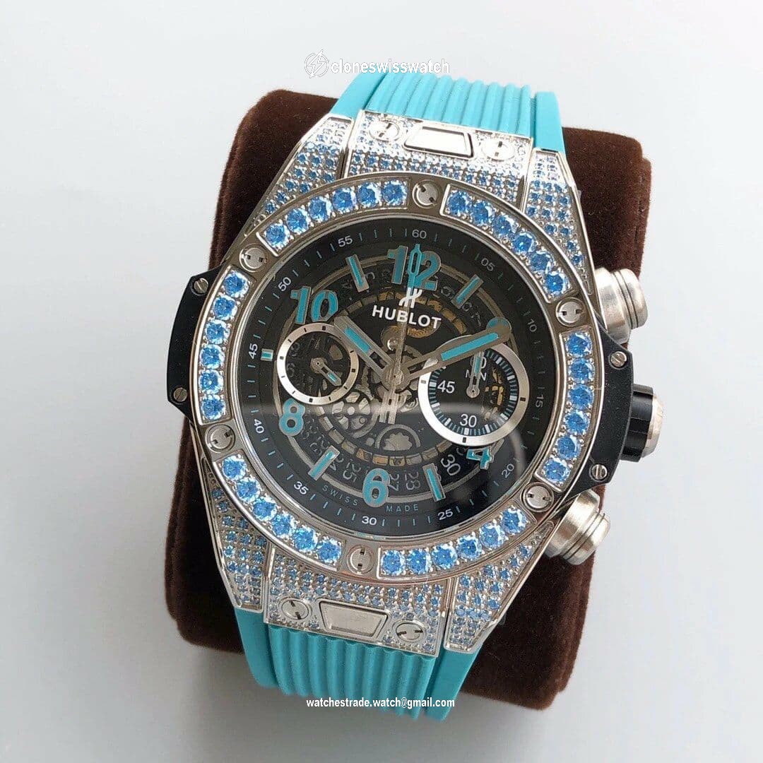 Big Bang Unico Diamond HBF 1:1 Best Edition SB Skeleton Dial Rainbow Bezel on Blue Rubber Strap A1242