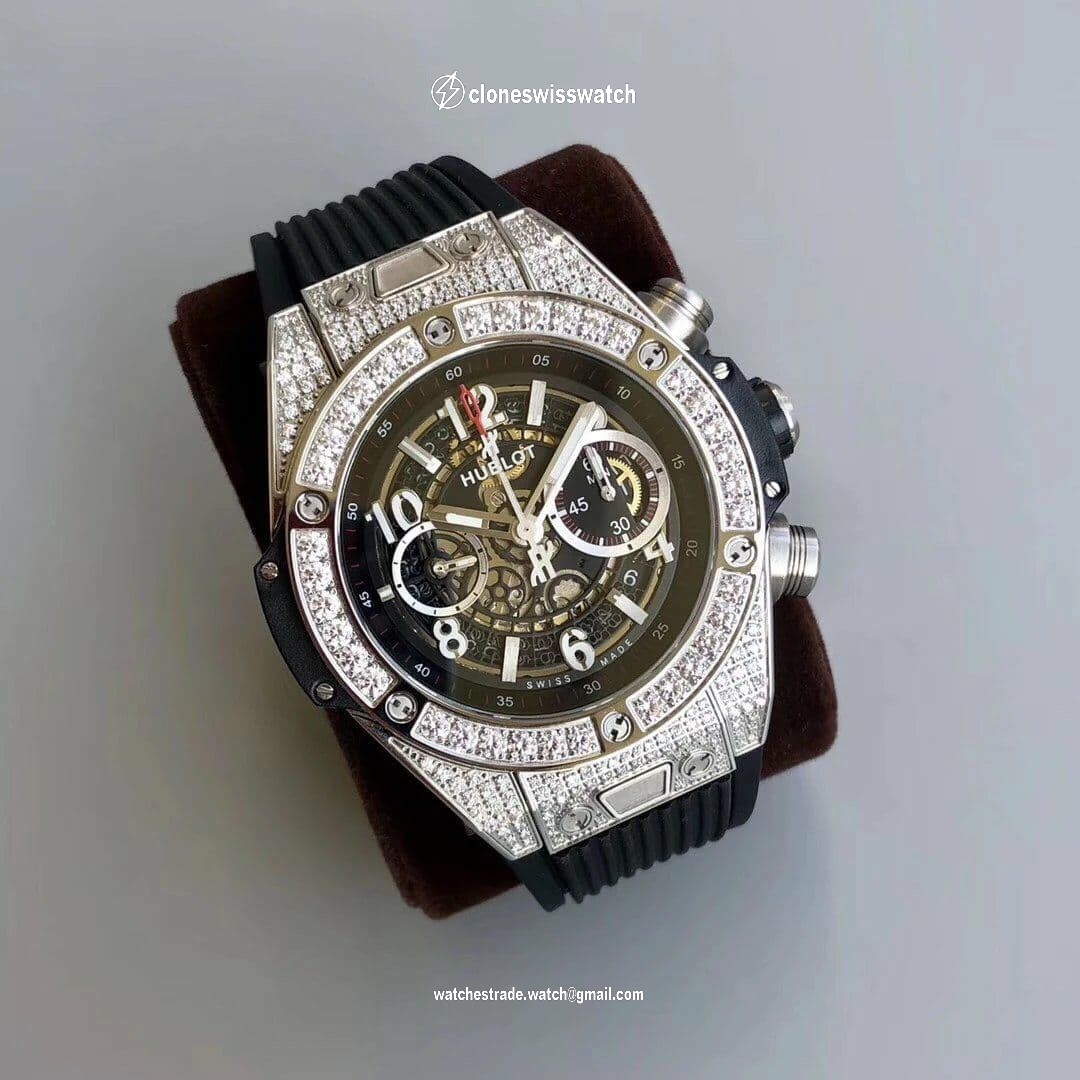 Big Bang Unico Diamond HBF 1:1 Best Edition White Skeleton Dial Rainbow Bezel on Black Rubber Strap A1242