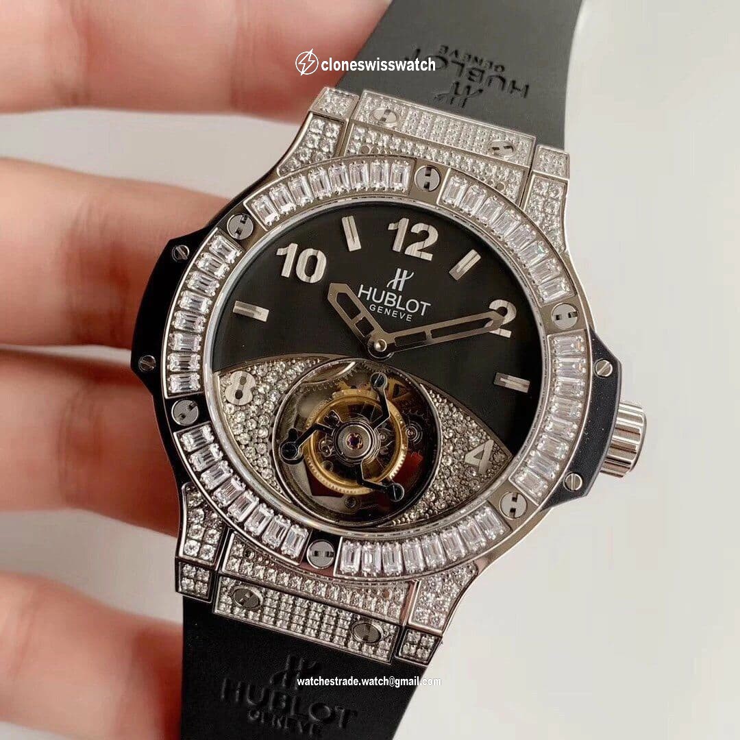Big Bang Tourbillon Automatic PVD Black Textured Diamond Dial on Black Rubber Strap