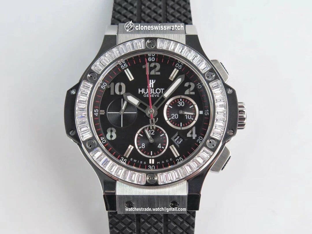 Big Bang 44mm SS Black Dial Diamond Bezel on Black Rubber Strap HUB4104