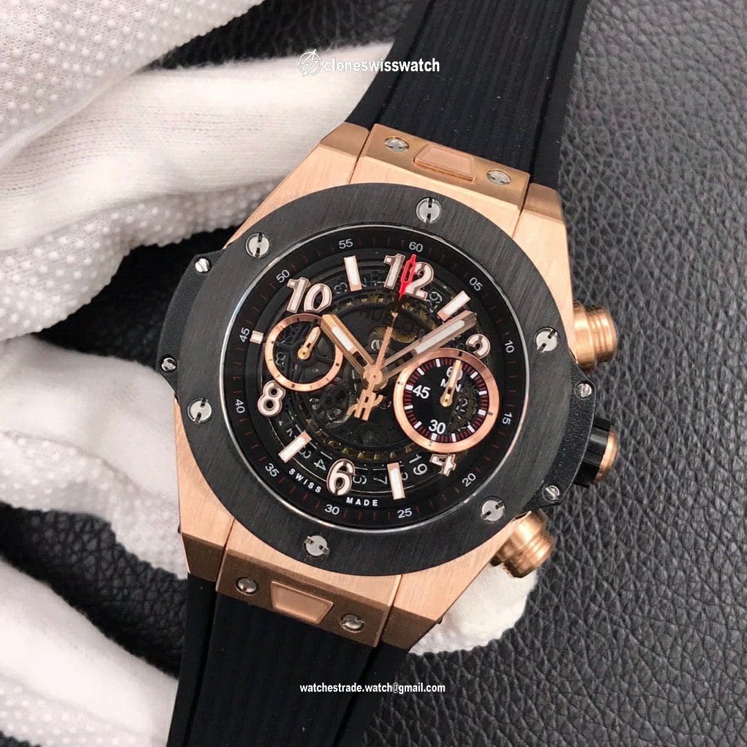Big Bang Unico 45.5mm SS Gold Bezel Skeletonal Dial on Black Rubber Strap HUB1220