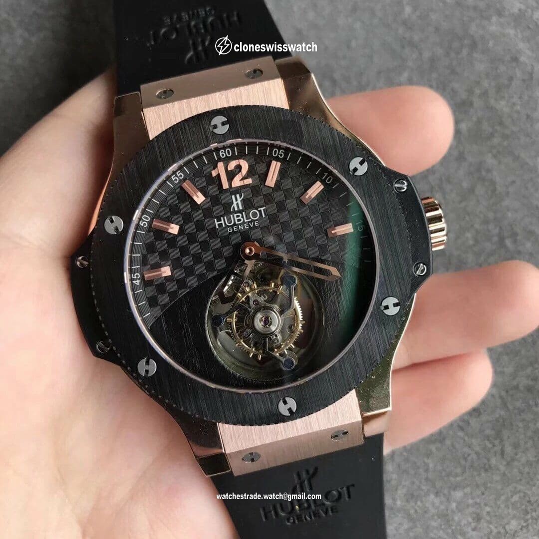Big Bang Tourbillon Automatic PVD Black Gold Textured Dial on Black Rubber Strap