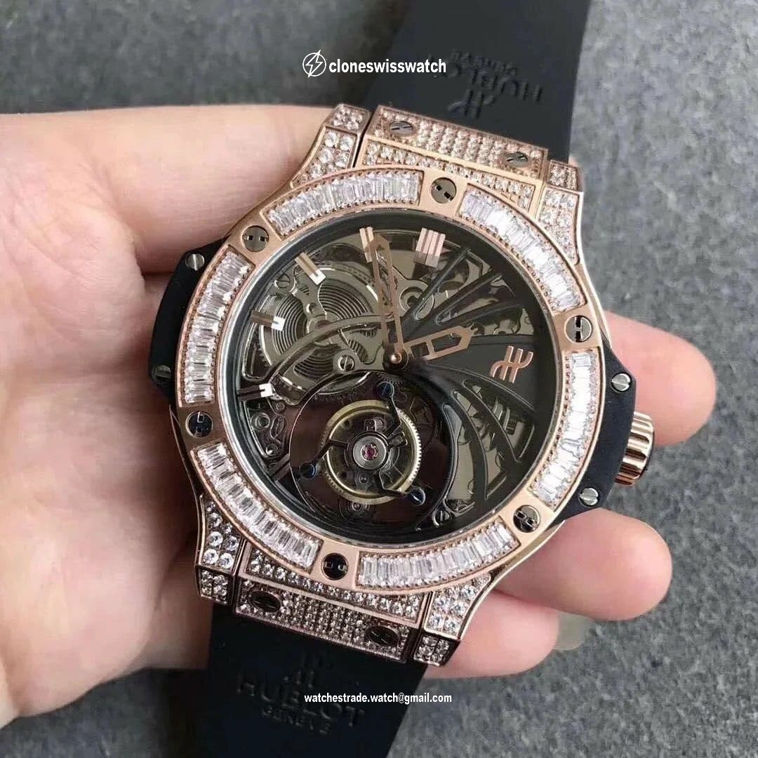 Big Bang Ceramic Diamond Bezel Skeleton Tourbillon on Black Rubber Strap