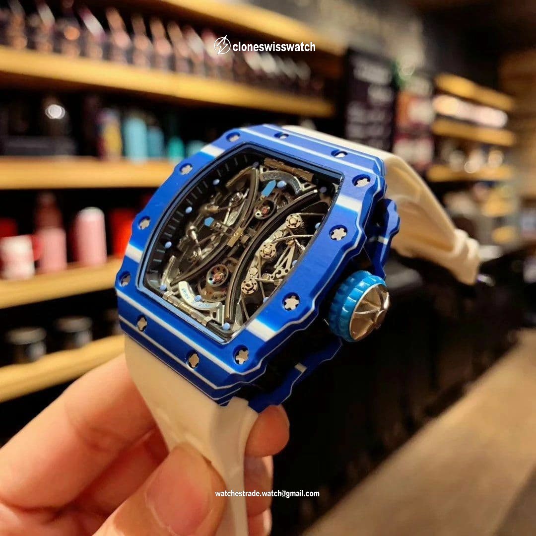 RM 53-01 Real Tourbillon Pablo Mac Donough Blue V9F Best Edition on White Rubber Strap