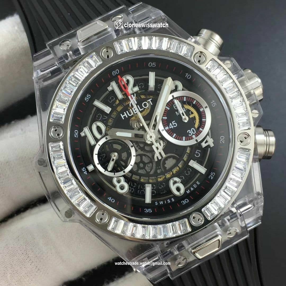 Big Bang Unico Diamond HBF 1:1 Best Edition Black Skeleton Dial Rainbow Bezel on Black Rubber Strap A1242