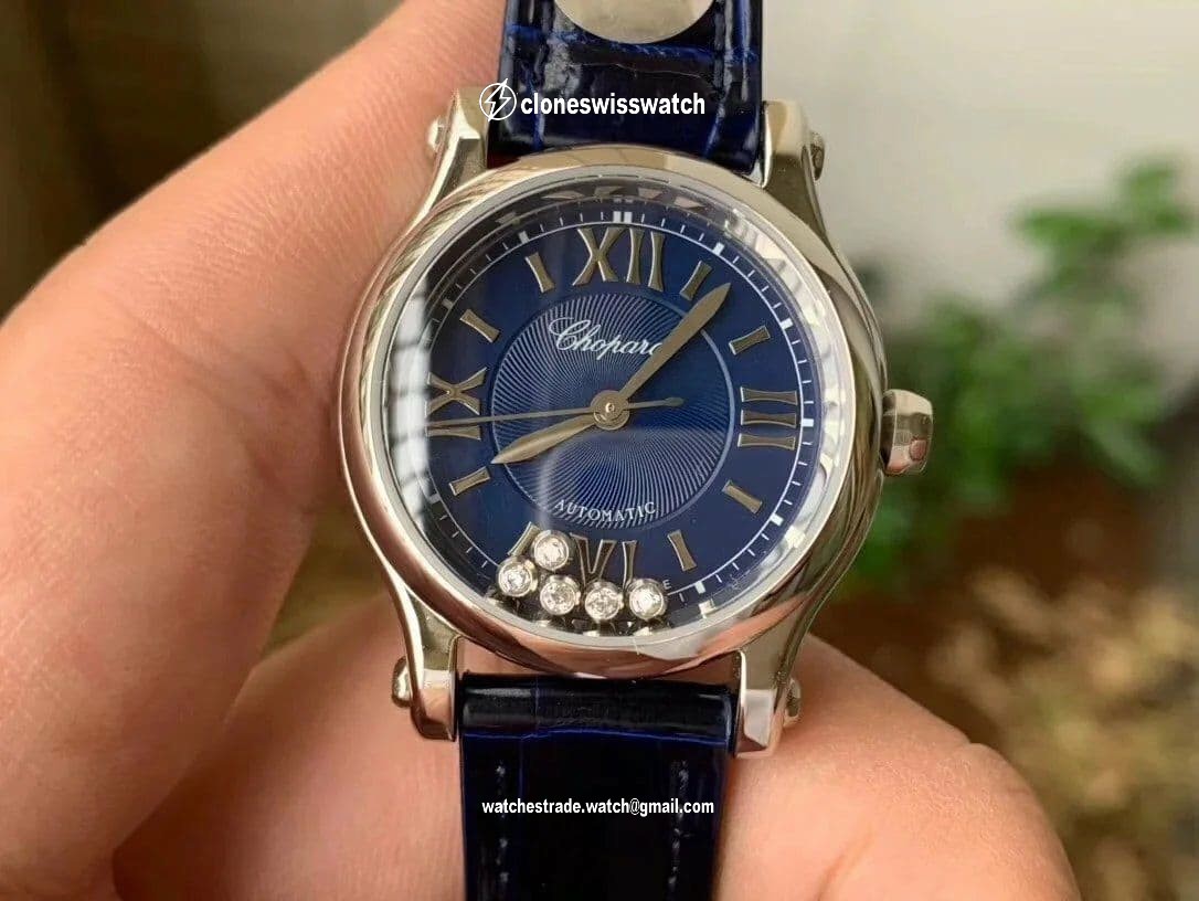 Happy Sport 36mm SS OXF 1:1 Best Edition Diamonds Bezel Blue Dial on Blue Leather Strap A2892