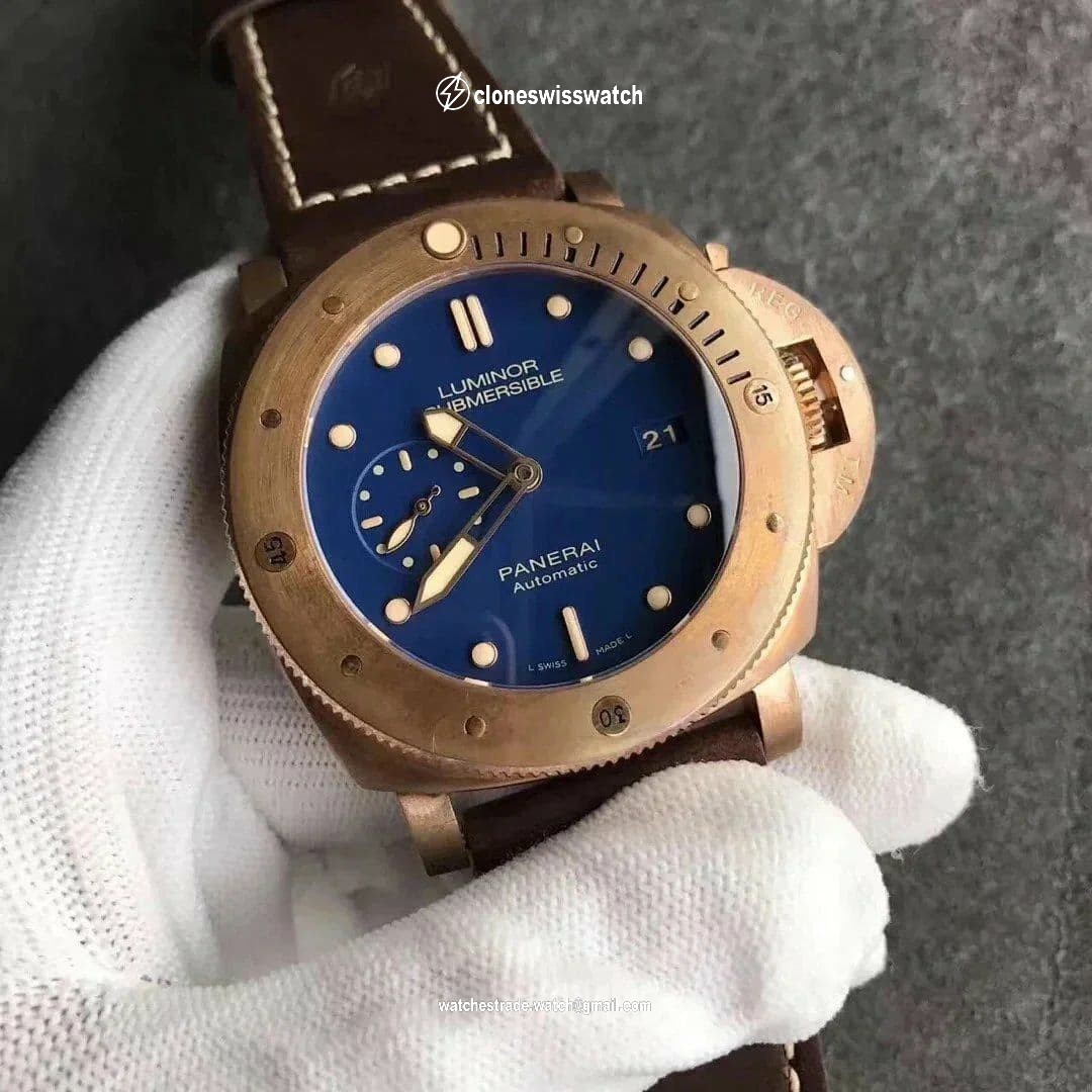 PAM968 V Bronzo VSF 1:1 Best Edition Brown Ceramic Bezel and Dial on Blue Calfskin Strap P.9010 Clone