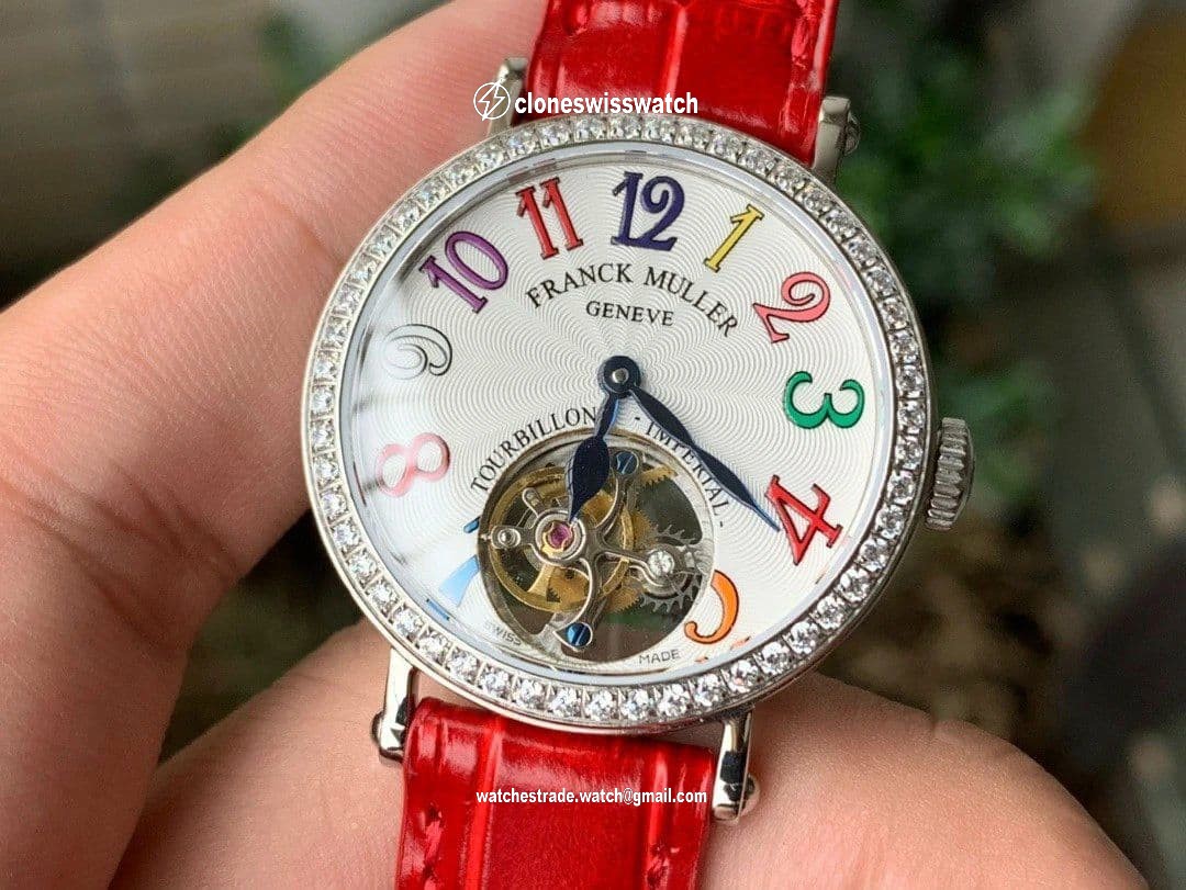 Color Dreams Tourbillon SS Diamond Bezel Arabic Numerals Markers on Red Croco Leather Strap