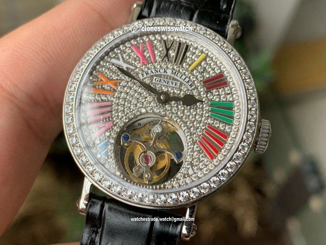 Color Dreams Tourbillon SS Diamond Roman Numerals Markers on Black Croco Leather Strap