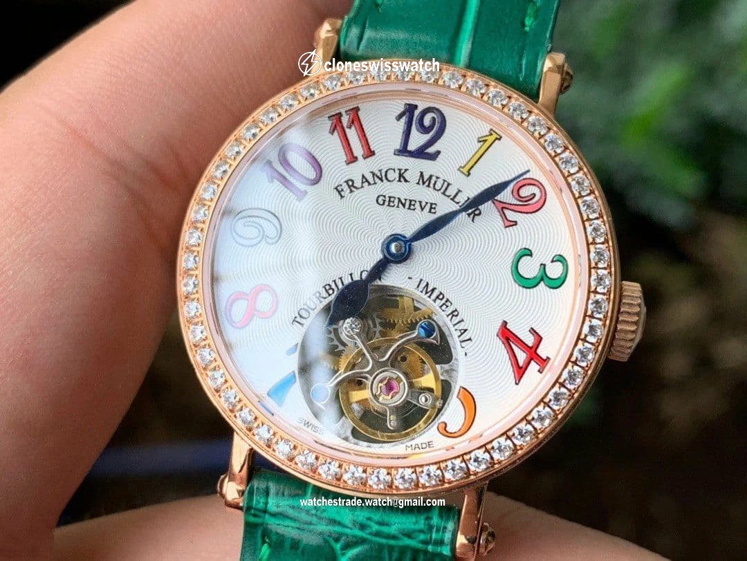 Color Dreams Tourbillon RG Diamond Bezel Arabic Numerals Markers on Green Croco Leather Strap