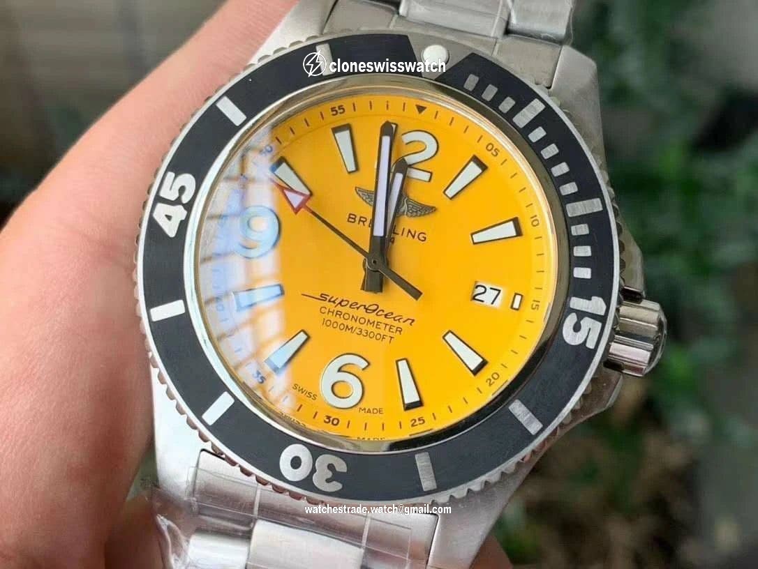 Superocean Automatic 44 TF 1:1 Best Edition Yellow Dial Black Bezel on SS Bracelet A2824