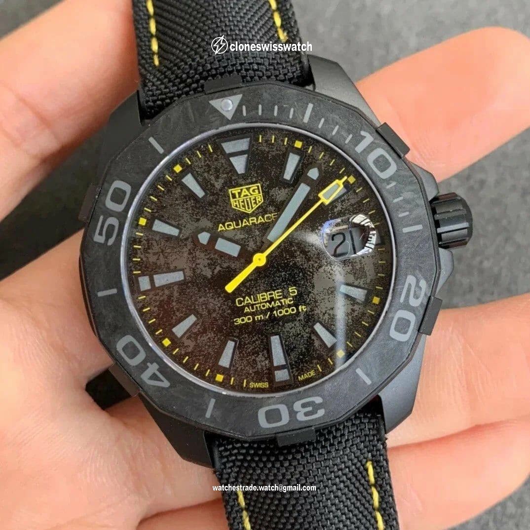 Aquaracer Calibre 5 Yellow Carbon TBF 1:1 Best Edition Carbon Dial on Nylon Strap A2824