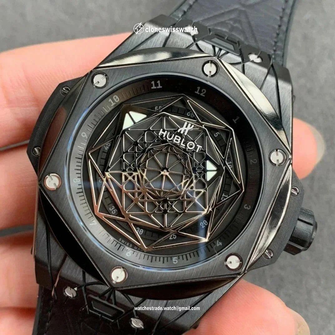 Big Bang Unico Sang Bleu Titanium Black HBF Skeleton Dial on Black Gummy Strap HUB1213